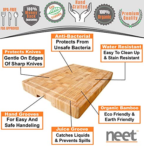 Extra Large Bamboo Butcher Chopping Block By Neet - Ultra Thick Heavy & Solid Cutting Board (18"x 13" x 2" Inch) Organic Anti-Bacterial Great For Wooden Serving Trays & Cheese Platters w/Handles