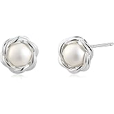 Watforsh Silver Pearl Stud Earrings for Women button shaped with Vintage Twisted Design Pearl Statement Earrings for Daily or Wedding
