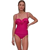 DKNY Womens Pin-up Ruffle Bandeau One Piece Swimsuit with Tummy Control