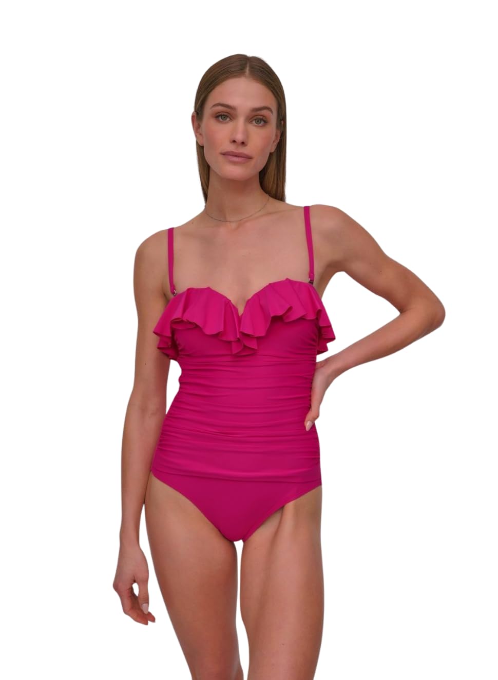 DKNY Women’s Pin-up Ruffle Bandeau One Piece Swimsuit with Tummy Control, Wildberry, Medium
