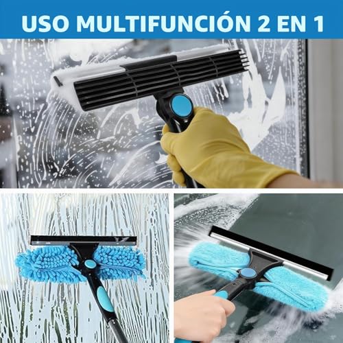 Telescopic Glass Cleaner, 10 Sticks, 0.13-4 m, 180° Rotating Head, Replacement Cloth, Chenille and Brush, for Roofing Terraces, Greenhouses, Skylights, Large Glazed Surfaces | For high windows, shower, car, mirror, microfibre covers, professional quality