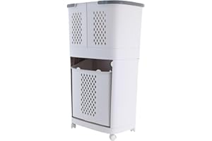 BAOKALER 2 Tier Rolling Laundry Basket, Removable Household Laundry Basket with Wheel, White Bathroom Laundry Basket with 3 deep Baskets