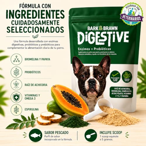 BARK & BRAWN Digestive para Perros 450g | Probióticos, Prebióticos y Enzimas Digestivas | con Raíz de Achicoria, Bromelina, Papaína, Linaza y Omega 3 | Probioticos Perro | hasta 90 Porciones