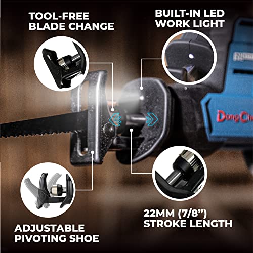 DongCheng 20V MAX Kabelloses, Bürstenloses, Kompaktes Einhand-Reciprosäge-Kit mit 4 Stück Klingen für Holz & Metall, 4,0Ah Lithium-Ionen-Akku und Ladegerät & Tragetasche, Modell# DCJF22