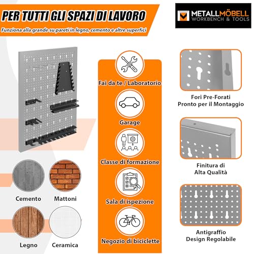 Metallmobell HPTH01G Tool Wall Panel 160 x 60 x 2 cm, 4 Perforated Panels, Hooks and Brackets, Wall Panels for Work Tools, Perforated Panel Tool Holder HPTH01G