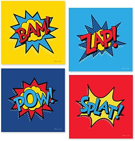 Set of Four Superhero Action Words Mounted Art Prints 8x8 Inches Boy’s Room Bedroom Comic Book Wall Decor