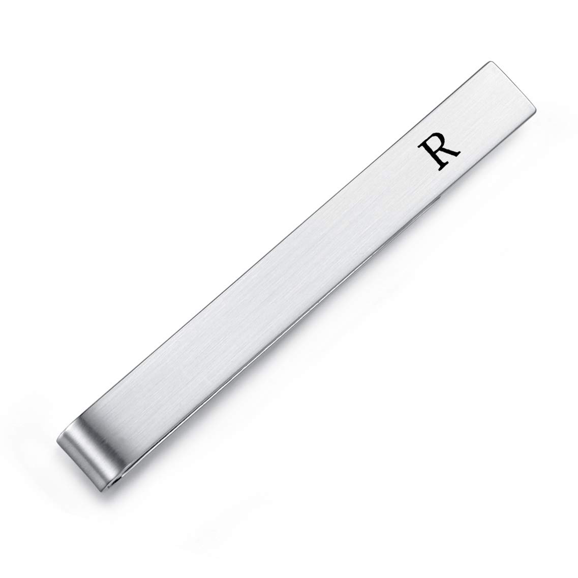HONEY BEAR Mens Initial Alphabet Letter Tie Clip Bar - Normal Size Stainless Steel For Business Wedding Gift,5.5cm,Brushed Silver with Black A - Z