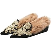 Fericzot Slip On Loafers Womens Embroidery Mule Shoes with Plush Lamb Fur Velvet Slippers Backless Pointed Toe Mule Slides