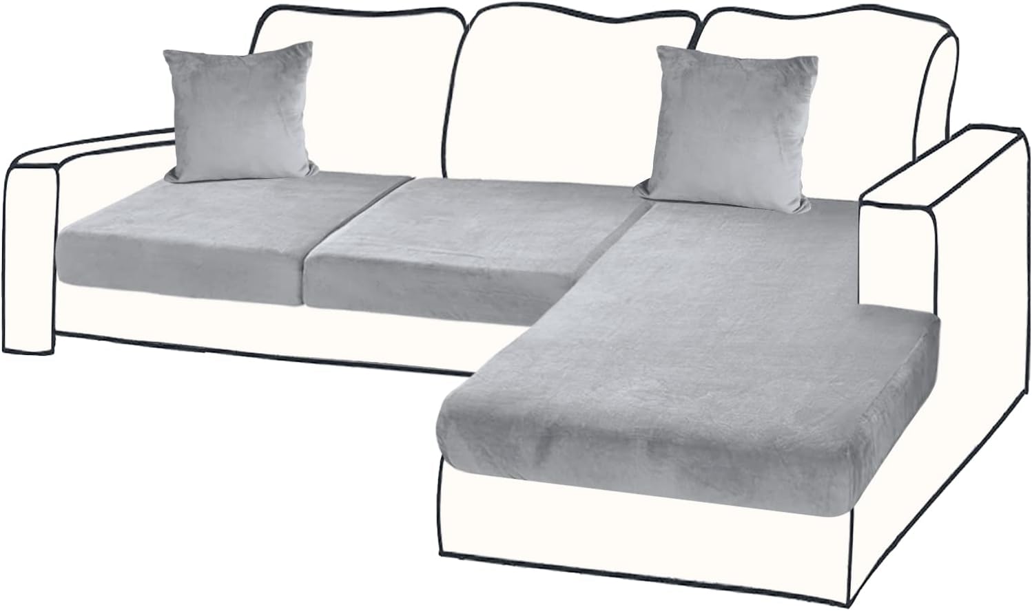 Slipcovers - BT.WA Sectional Couch Covers for 3-Piece Seat Cushion Velvet Sofa Cushion Cover L Shape Separated Couch Slipcover with 2 Pcs Pillowcases Furniture Protector (2 Seater + 1 Chaise, Light Grey)