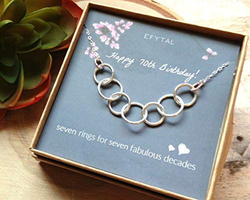EFYTAL Happy 70th Birthday Gifts for Women Necklace, Sterling Silver 7 Rings Seven Decades Necklaces Gift Ideas