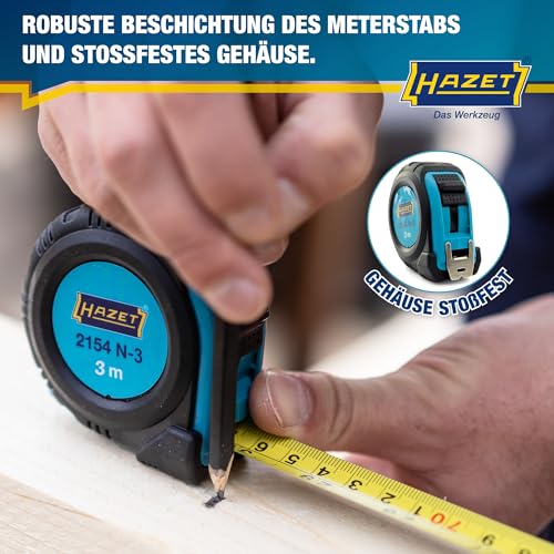 HAZET Maßband 2154N-3 | 3 Meter, reduziertes Abknickverhalten und widerstandsfähige Beschichtung, automatisches Einziehen durch Qualitätsfeder und doppelte Bandmaß Beschriftung 3
