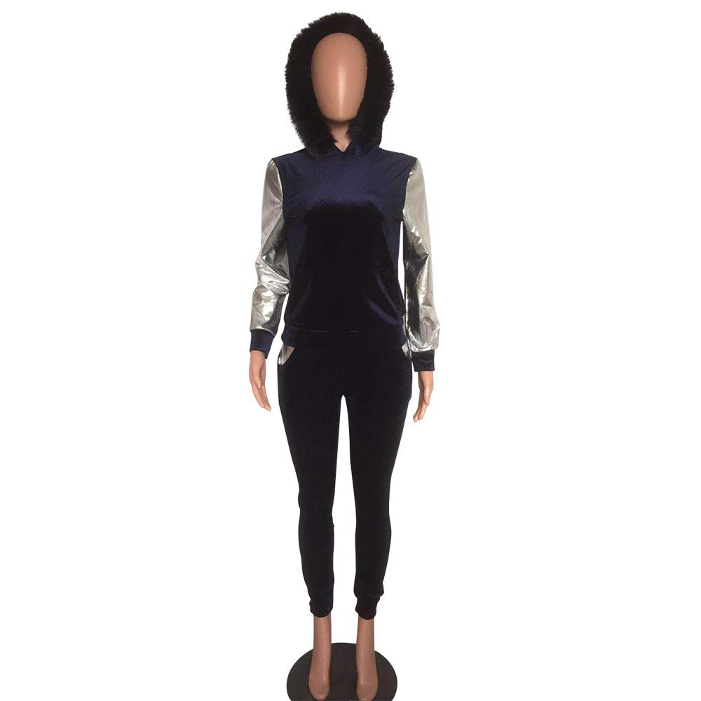 Womens 2 Piece Outfits Tracksuit - Sequin Velvet Hoodie Pullover Top Long Pants Suit Jumpsuits Sweatsuits Navy Blue 2X-Large