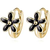 Reffeer Solid 925 Sterling Silver Daisy Flower Hoop Earrings Huggie for Women Teens Black Flower Hoop Earrings Cartilage Helix Earrings