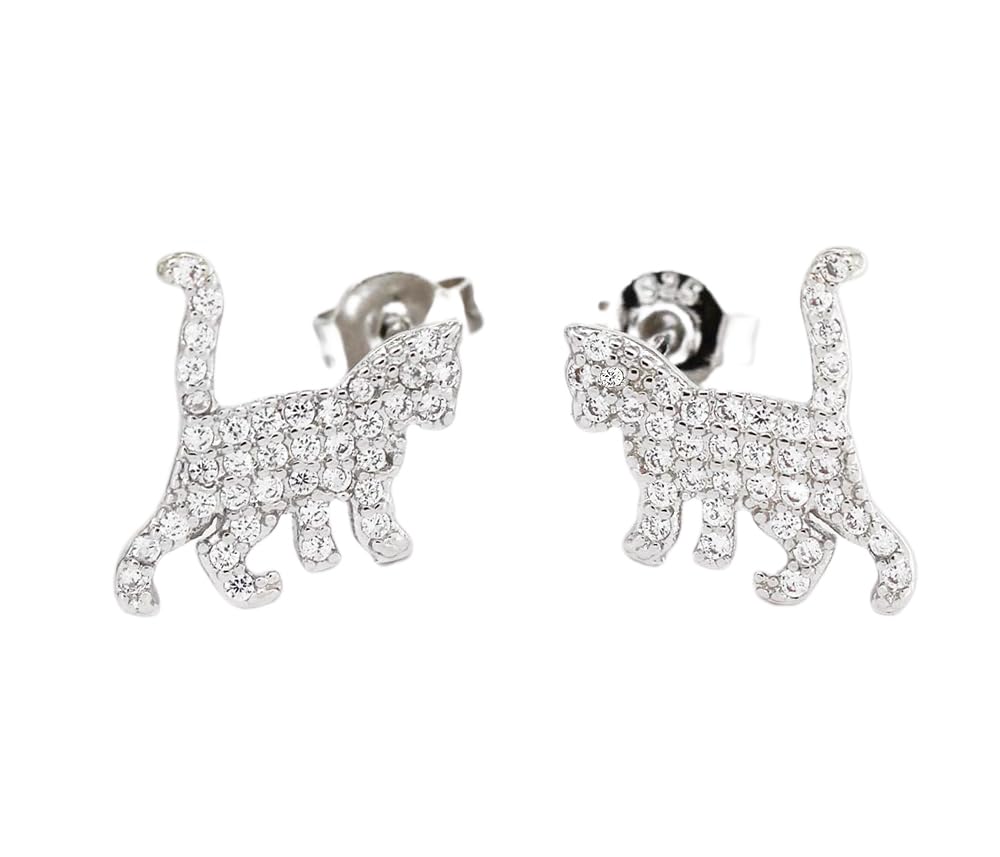 Kaguyo Cat Earrings for Women - 925 Sterling Silver Blue Eye Zirconia Cute Kitty Love Cat Stud Earrings for Women and Girls - Birthday Gift Jewellery (Large Cat)