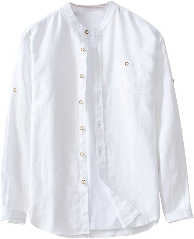 Insun Men's Casual Solid Color Long Sleeve Collarless Button 100% Linen Shirt