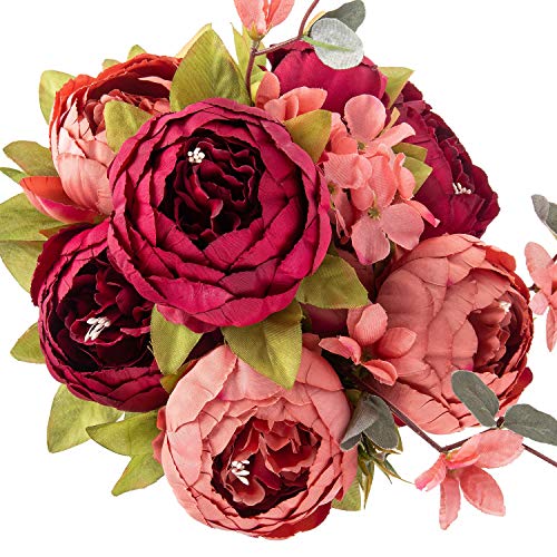 Flojery Silk Peony Bouquet Vintage Artificial Peonies Flower for Home Wedding Party Decor (1pcs, Burgundy) - Thumbnail 4