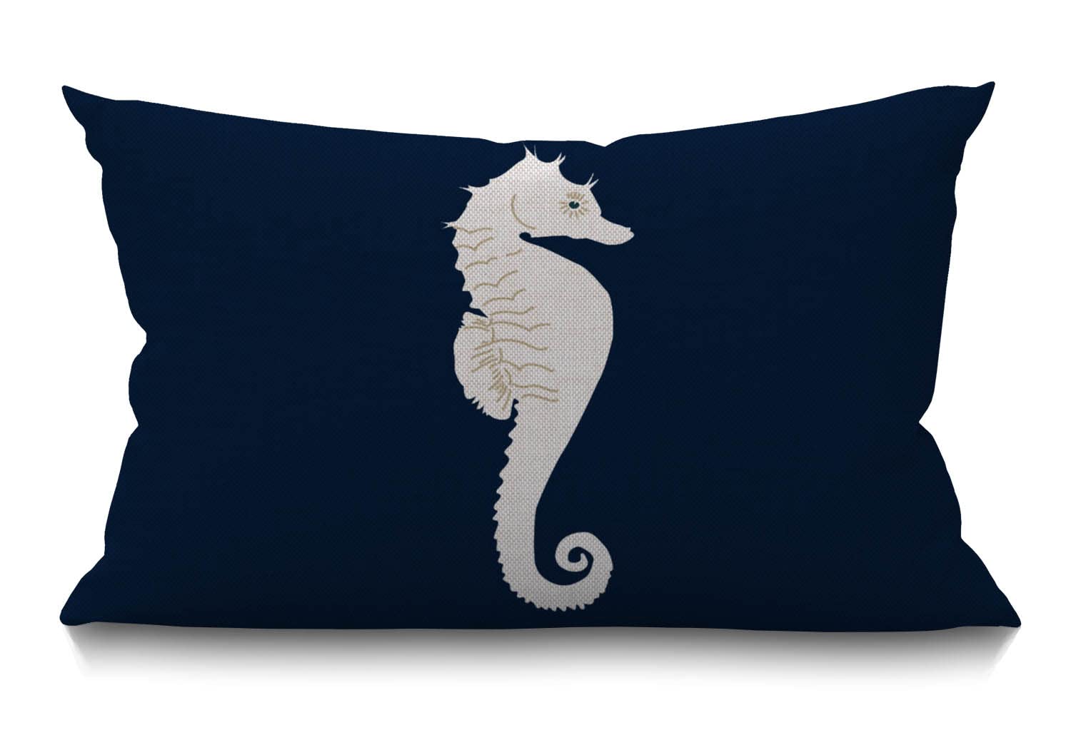 BGBDEIA White Sea Horse Lumbar Cushion Cover 30X50cm 12x20 Inch Decorative Bedroom Living Room Navy Blue Nautical Marine Coastal Ocean Theme Rectanglar Throw Pillow Cover for Bed Sofa Couch