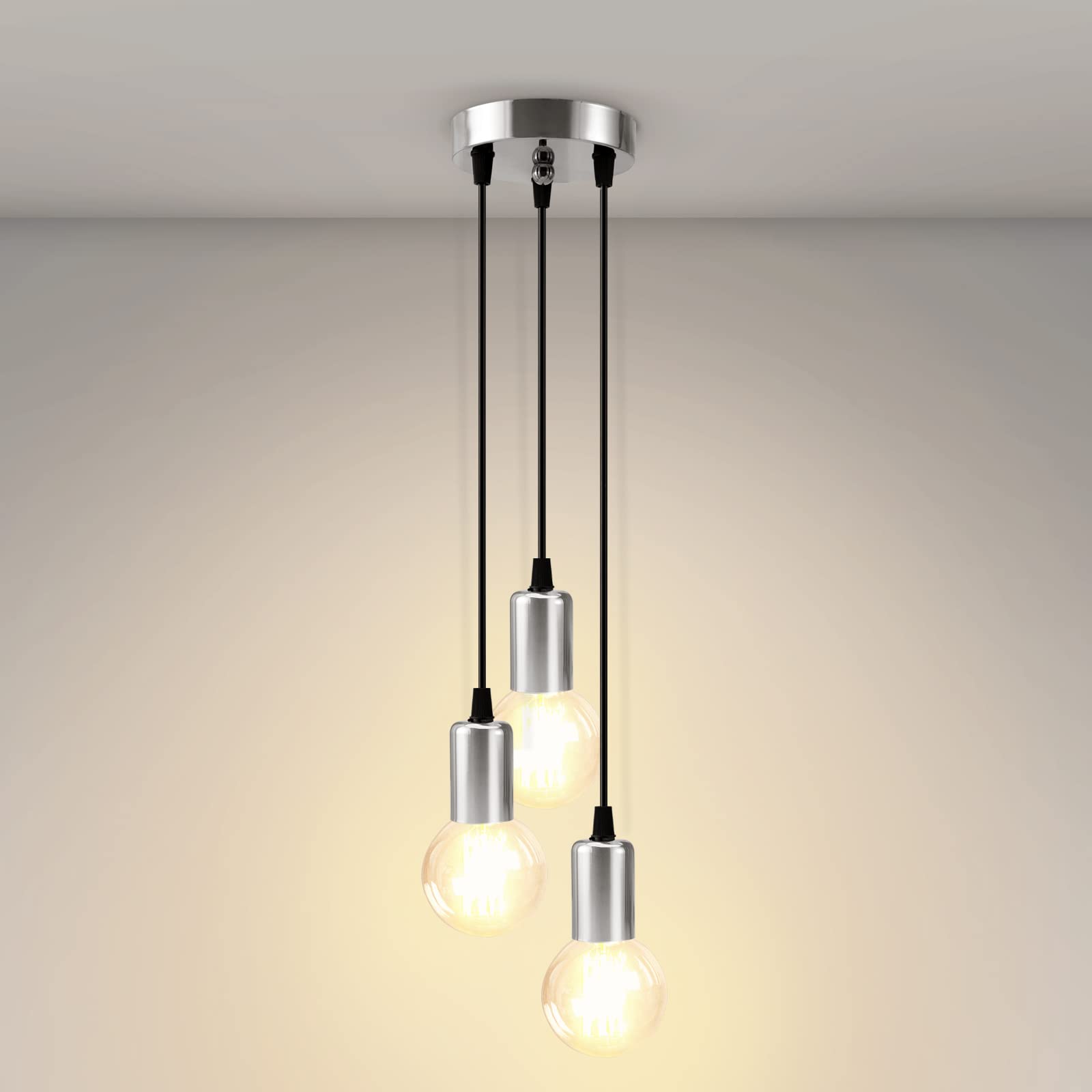 EMKE Industrial Pendant Light, Chrome Retro Ceiling Light 3-Light E27 Holder Vintage Light DIY Hanging Lights with Adjustable Wires for Living Room Coffee Shop Hotel Hallway Bar (Bulb not Included)