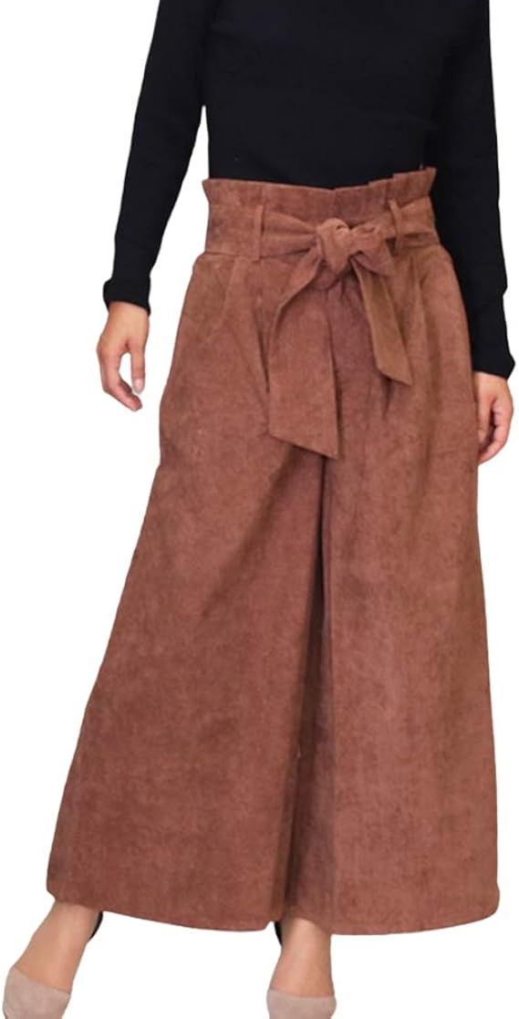 Amazon ウエストリボン付きワイドパンツ レディース 秋 冬 ガウチョパンツ 秋 ハイウエスト Bo0272ブラウン ロングパンツ 通販