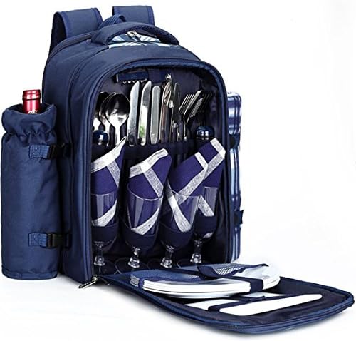 Picnic Backpack for 4 with Fleece Blanket, Blue Tartan Pattern, Cooler Compartment, Detachable Bottle/Wine Holder, Plates and Cutlery Set for Outdoor, Sports, Hiking, Camping, BBQs