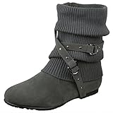 Womens Ankle Boots Slouch Knitted and Suede Cross Strap Buckles