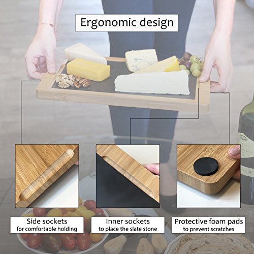 Cheese Board and Cheese Knife Cutlery Set by MiTBA – Cheese & Charcuterie Serving Tray Made of Natural Bamboo and Slate Stone Platters. Perfect Gift for Anniversary, Housewarming & Birthday Parties. - Thumbnail 2