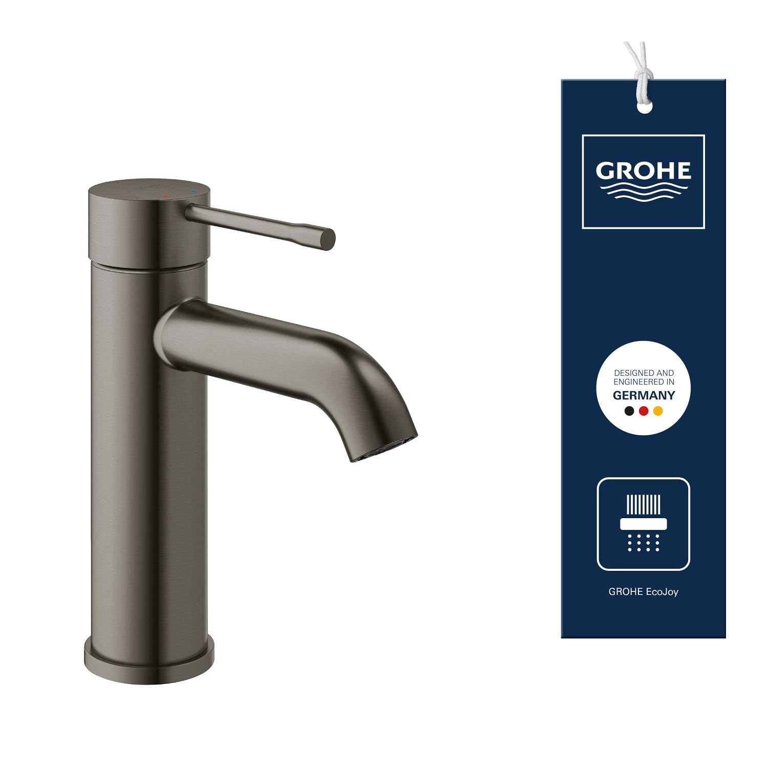GROHE Essence Smooth Body Basin Mixer Tap (S-Size 208mm, Metal Lever, 28 mm Ceramic Cartridge, Water Saving, 3/8 Inch Tails), Brushed Hard Graphite, 23590AL1