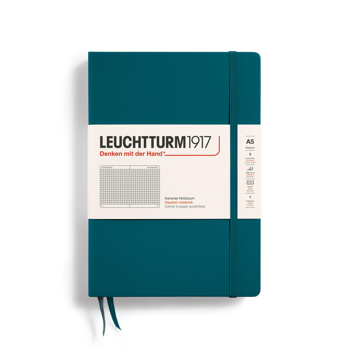 LEUCHTTURM1917 Notebook Medium (A5), Hardcover, 251 Numbered Pages Pacific Green, Squared