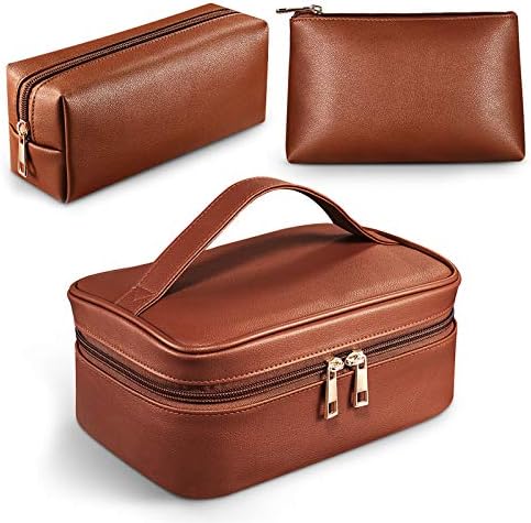 Makeup Bags ,Cosmetic Bag 3 Packs Travel Makeup Bag for Women Portable Makeup Bag Organizer Waterproof and Durable Makeup Bag for Purse with Gold Zipper PU Lather Brown 1 Makeup Bags ,Cosmetic Bag 3 Packs Travel Makeup Bag for Women Portable Makeup Bag Organizer Waterproof and Durable Makeup Bag for Purse with Gold Zipper PU Lather Brown