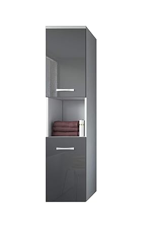 Badezimmer Schrank Montreal 131 cm Grau Hochglanz Fronten – Regel Schrank Hochschrank Schrank Möbel