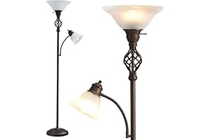 GYROVU Torchiere Floor Lamp for Living Room, LED Standing Reading Light for Bedroom with Glass Shade for Living Room Corner Bedroom Home Office,Bulbs Included (Red Brown,Glass 2 Head)