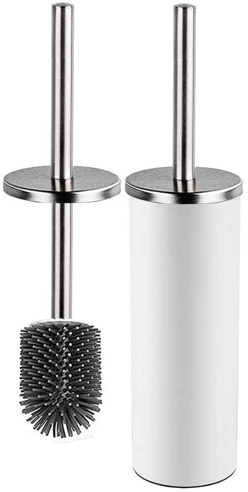 Bingobang Toilet Brush and Holder,Stainless Steel Lid Handle,Silicone Deep Cleaner Toilet Brushes with Quick Drying Holder Set for Bathroom Toilet(White)