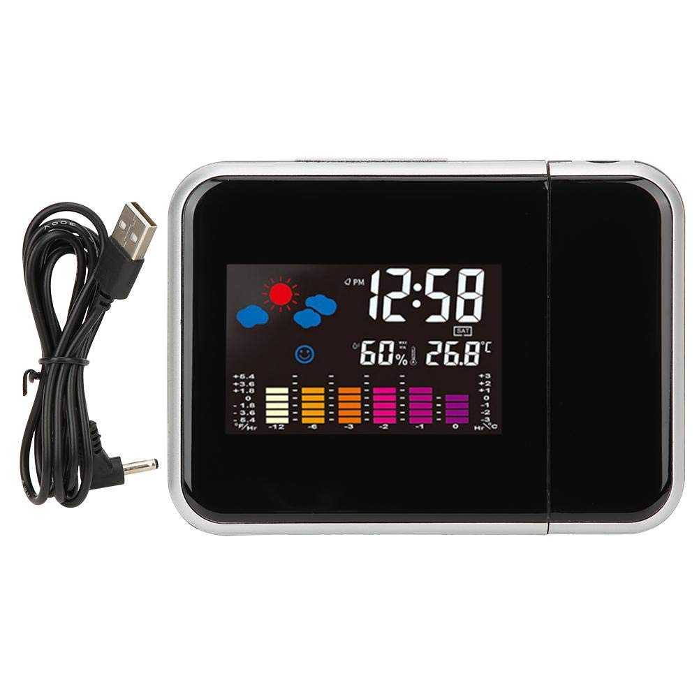 Fdit Multifunctional LCD Color Screen Electronic Alarm Clock Projection Weather Clock Temperature and Humidity Display Time 180 Degrees Projection