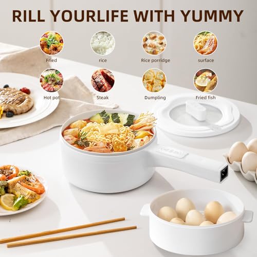 TINYPANDA Electric Hot Pot, 1.8 Liter Multifunctional Portable Cooking Pot, 700 Watt Instant Noodle Hot Pot, Non-Stick Skillet for Steak, Eggs, Ramen, Oatmeal with Dual Power Adjustment (White double layer)