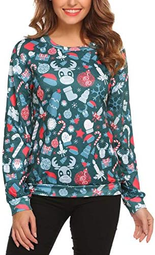 Misakia Women's Long Sleeves Santa Christmas Xmas Gifts Print Pleated Flared Swing Tunic Top