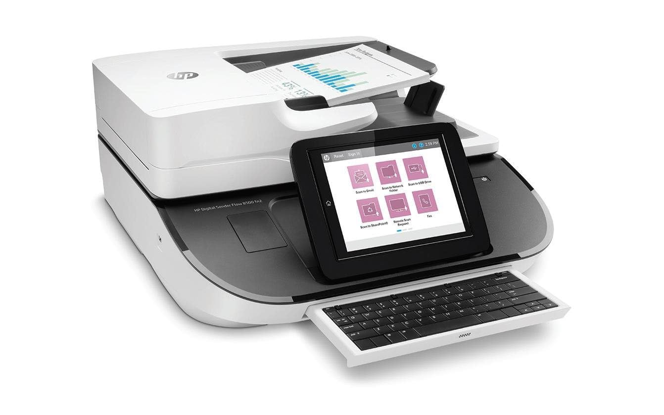 HP Digital Sender Flow 8500fn2 Network Scanner 8 Inch LCD Display up to 100 ppm/200 ipm, 150 Sheets 75 g/m², Ethernet 10/100/1000 USB White
