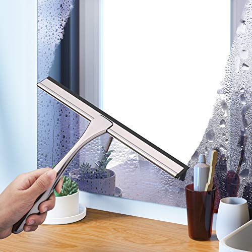 LPOLER Stainless Steel Shower Squeegee for Shower Doors, All-Purpose Window Squeegee for Bathroom, Mirrors, Tiles and Car Windows with 2 Hooks, 10 inch