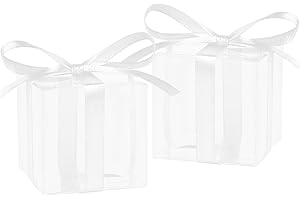 Hooqict 50pcs Favor Boxes 2x2x2 Inches Clear Gift Boxes with Ribbons Party Favor Boxes Small Plastic Candy Treat Boxes for We
