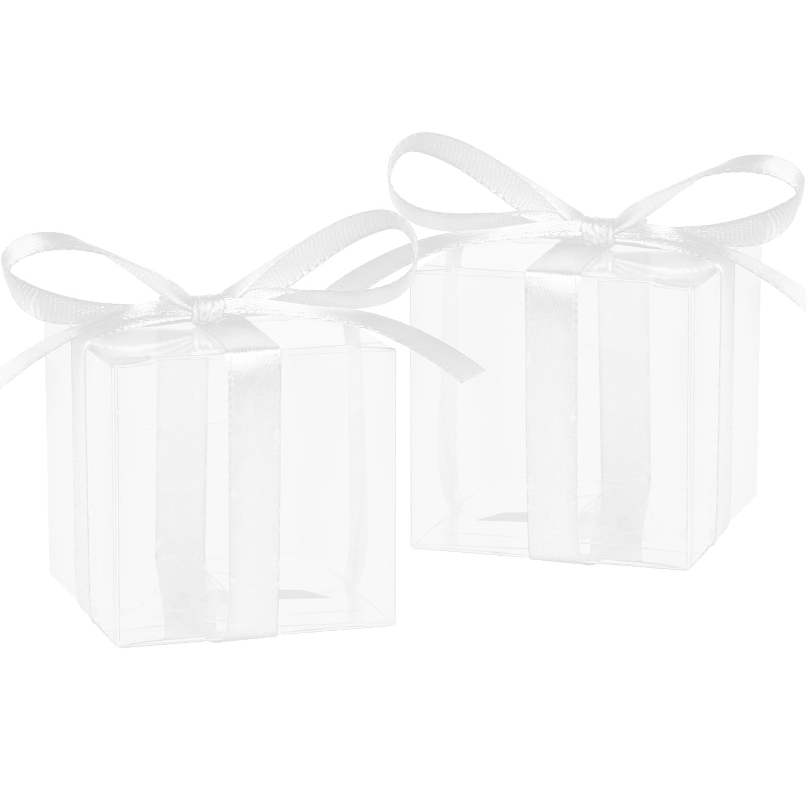 Photo 1 of Hooqict 50pcs Favor Boxes 2x2x2 Inches Clear Party Favor Boxes with Ribbons Small Plastic Gift Candy Treat Boxes for Wedding Favors Baby Shower Birthday Classroom