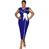 AOMEI Women's Elegant 3D Flower Color Block Dress V Neck Ruffle Bodycon Midi Evening Party Dresses