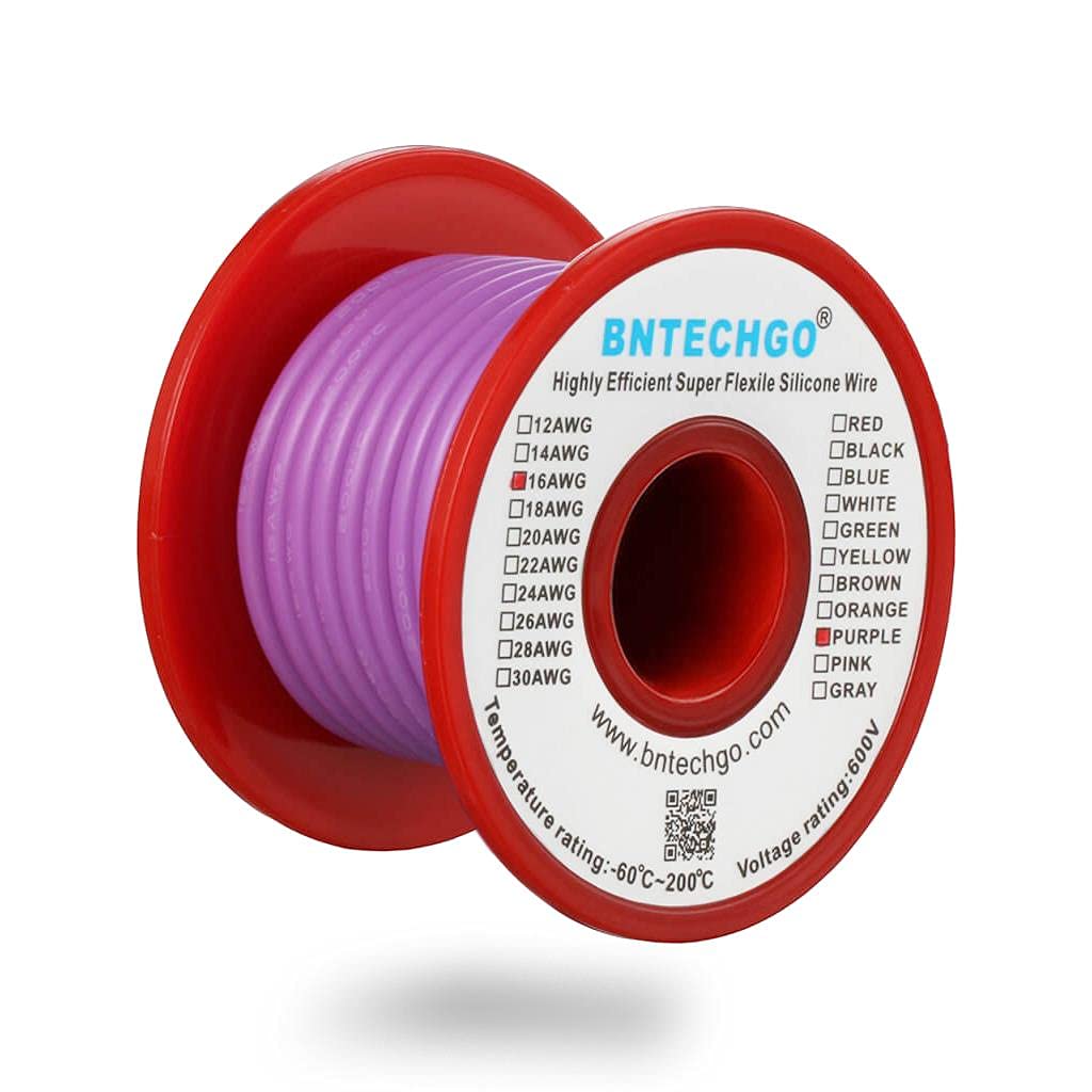 BNTECHGO 16 Gauge Silicone Wire Spool Purple 25 ft Ultra Flexible High Temp 200 deg C 600V 16 AWG Silicone Rubber Wire 252 Strands of Tinned Copper Wire Stranded Wire for Model Low Impedance