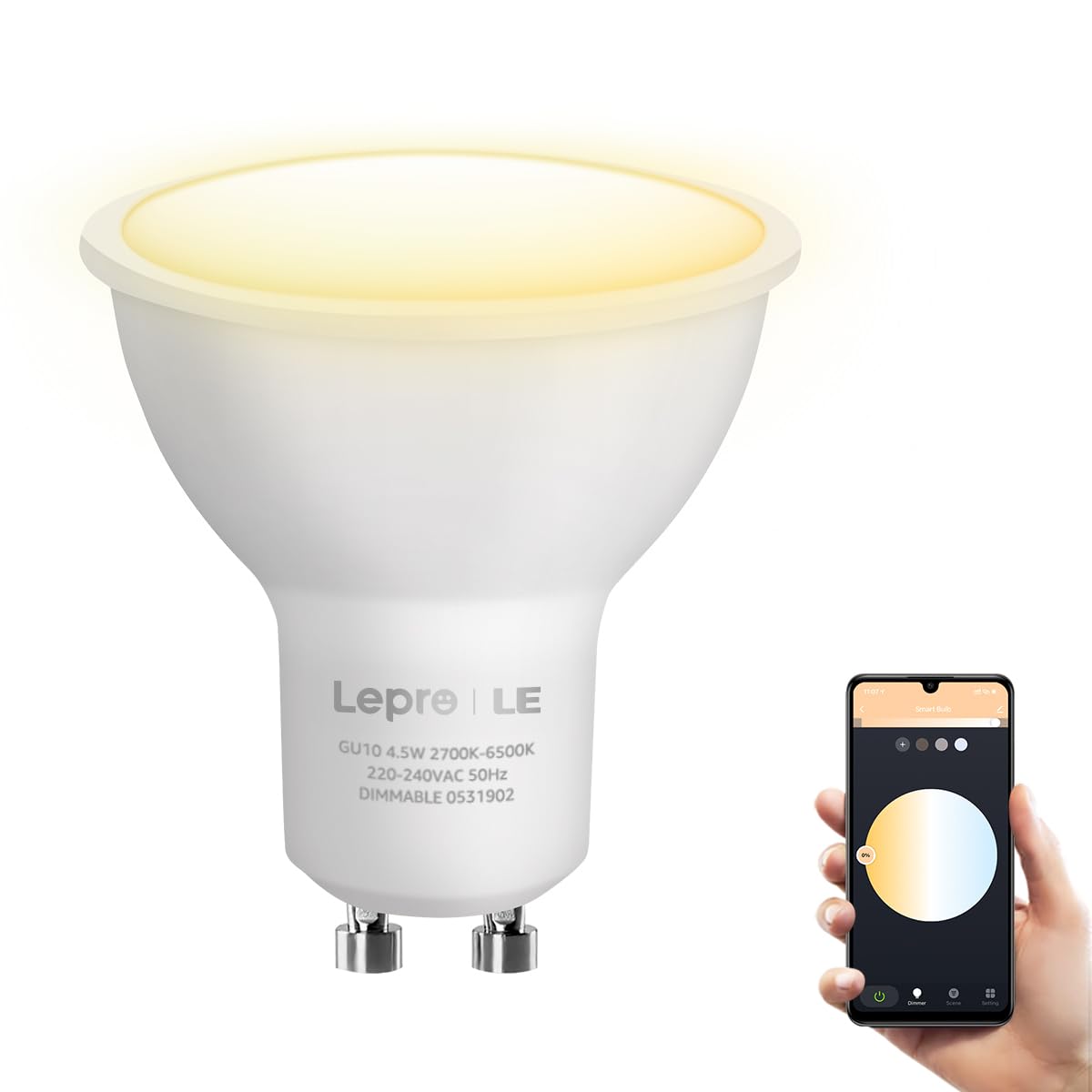 Lepro GU10 Smart Bulb, Warm to Cool White Smart Lightbulbs, Dimmable GU10 LED Spotlight Bulbs, Works with Alexa and Google Home, 4.5W=50W, CCT, 100° Beam Angle (2.4GHz WiFi)