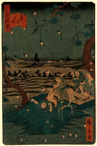 Japanese Print Dokanyama mushi kiki. TITLE TRANSLATION: Catching fireflies at Mount Dokan.