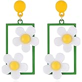 CHUNYANAN Elegant Charm Hollow Acrylic Square Daisy Flowers Long Geometric Floral Earrings Fashionable Retro Lovely Sweet Women Jewelry Gift