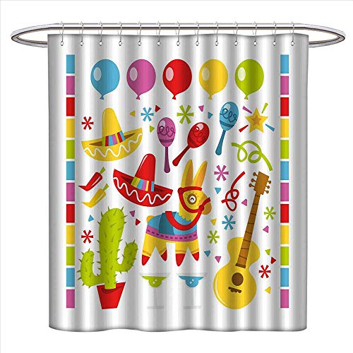 haommhome Fiesta Shower Curtains Digital Printing Mexican Party Pattern Cactus Sombrero Musical Items and a Pinata Ethnic Inspirations Satin Fabric Bathroom Washable W72 x L72 Multicolor