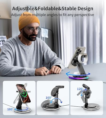 Mag Safe Ladegerät, 3 in 1 Ladestation für Apple Watch und iPhone, faltbar, drehbar mit Lichteinstellung, Wireless Charger Mag Safe Ladeständer für iPhone 16/15/14,AirPods (Ohne Adapter)-Schwarz