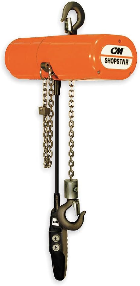 CM Shopstar Electric Chain Hoist, Three Phase, Hook Mount, 1/4 Ton Capacity, 10' Lift, 12 fpm Max Lift Speed, 0.167 HP, 7/8" Hook Opening, 230V