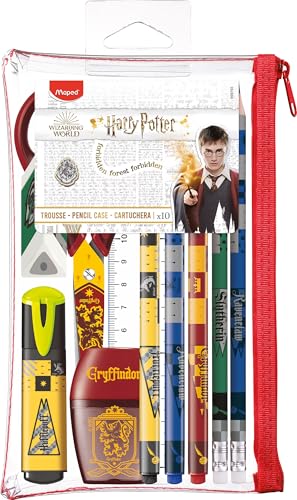 Maped - Harry Potter Federmaeppchen, 10-teilig – Schere – 1 Spitzer – 1 Radiergummi – 1 Textmarker – 3 Fineliner – 2 Graphitfarben