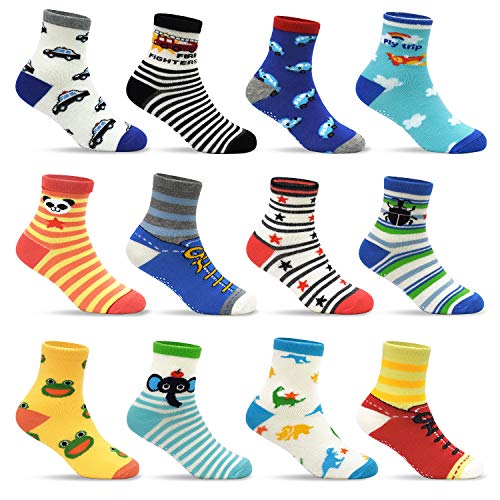 12 Pairs Toddler Non Skid Socks with Grips Anti Slip Bottom, Cotton Non Slip Ankle Crew Socks