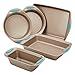 Rachael Ray 46179 Cucina Nonstick Bakeware Set with Grips includes Nonstick Bread Pan, Baking Pan, Cookie Sheet and Cake Pans - 5 Piece, Latte Brown with Agave Blue Handle Grips primary